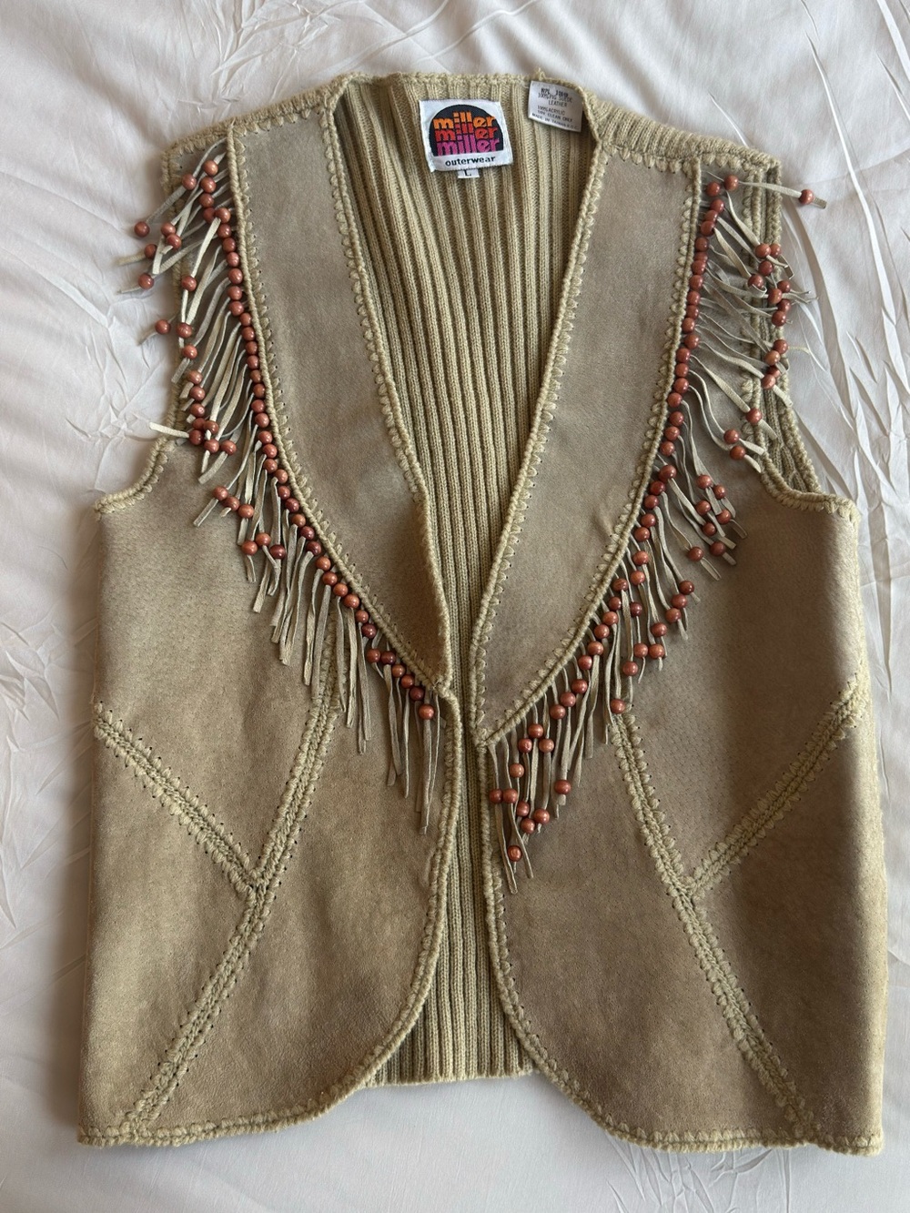 Cream Pig Suede Fringe Beaded Women's Vest